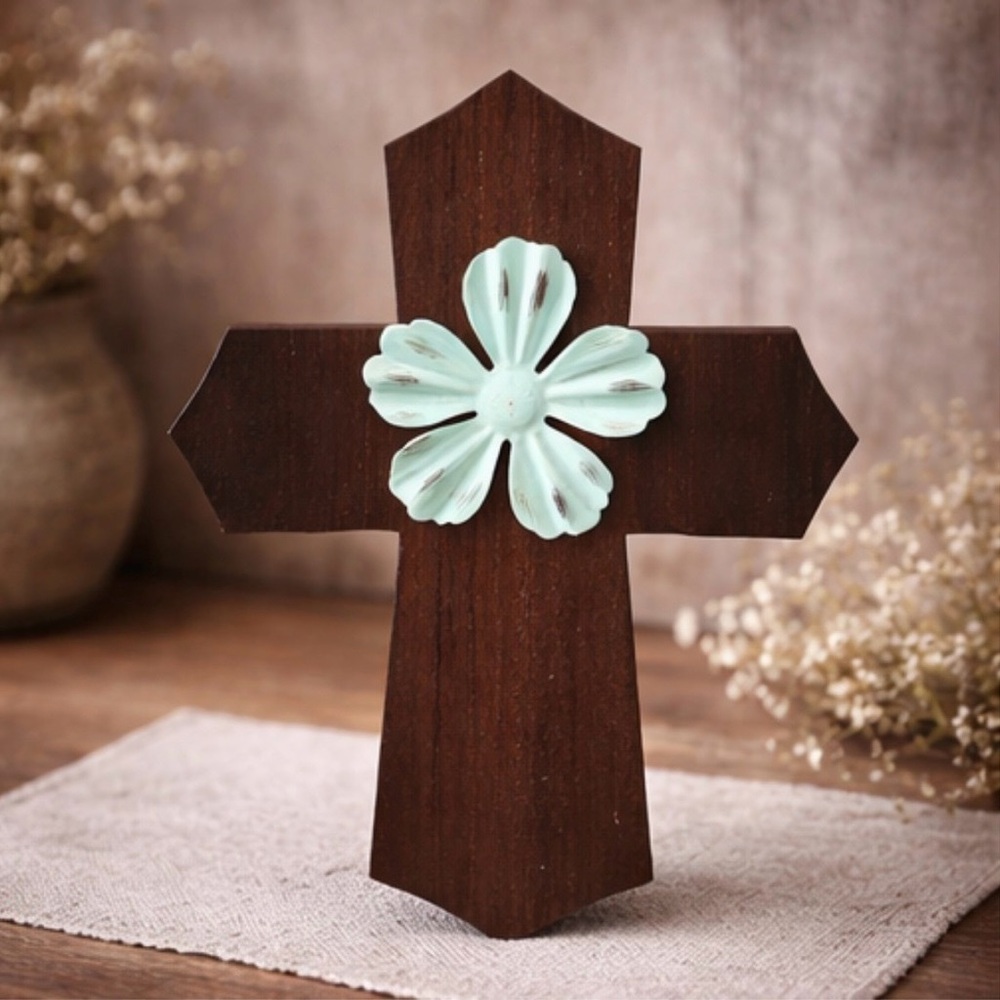 Wooden Wall Decor Rustic Brown‎ Cross Turquoise Metal Flower